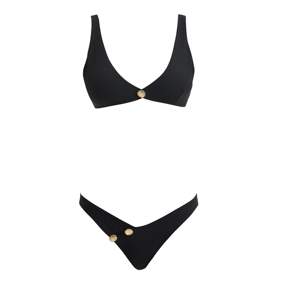 Aeron Black V Neck Textured Mid Coverage Bikini Set | Moeva | Bikini Set | Each week unveils new pieces—luxury swimwear, fluid resort silhouettes, and elevated summer-to-evening essentials designed to carry you from coastal escapes to city nights.