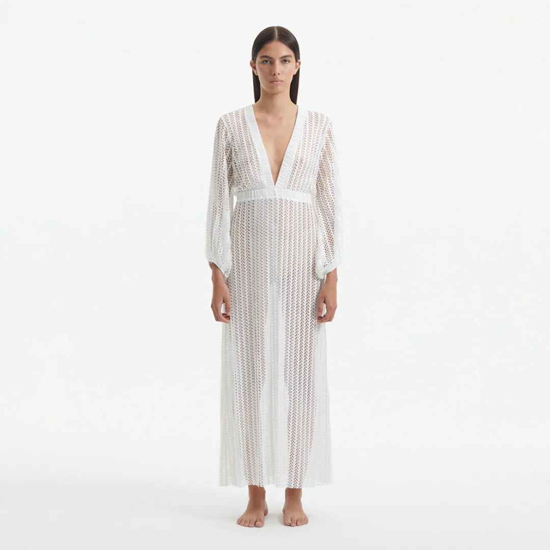 Fernanda White Knitted Mesh Long-Sleeve Maxi Dress | Moeva | Dress | Each week unveils new pieces—luxury swimwear, fluid resort silhouettes, and elevated summer-to-evening essentials designed to carry you from coastal escapes to city nights.