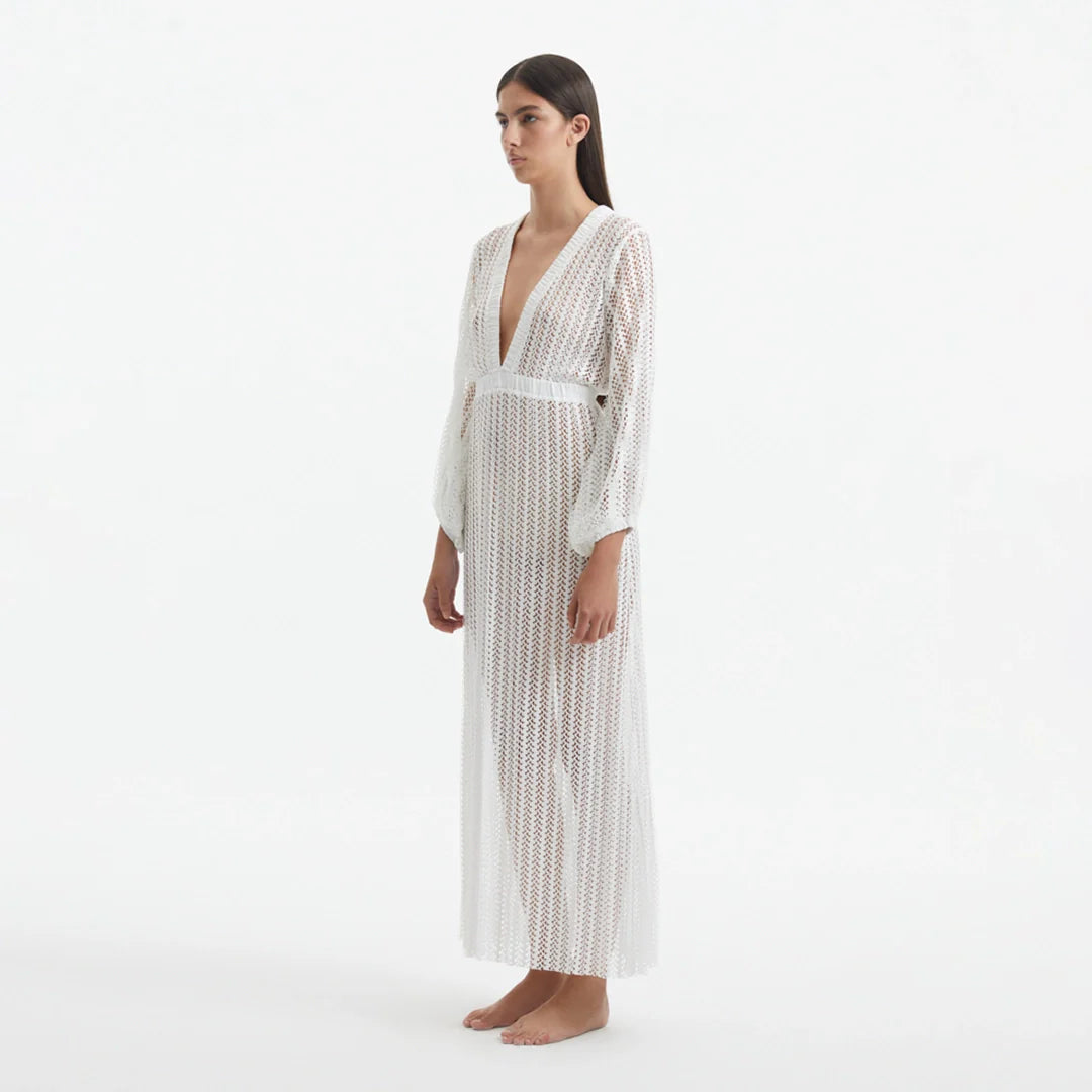 Fernanda White Knitted Mesh Long-Sleeve Maxi Dress | Moeva | Dress | Each week unveils new pieces—luxury swimwear, fluid resort silhouettes, and elevated summer-to-evening essentials designed to carry you from coastal escapes to city nights.