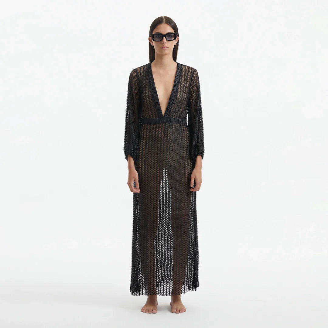 Fernanda Black Knitted Mesh Long-Sleeve Maxi Dress | Moeva | Dress | Each week unveils new pieces—luxury swimwear, fluid resort silhouettes, and elevated summer-to-evening essentials designed to carry you from coastal escapes to city nights.