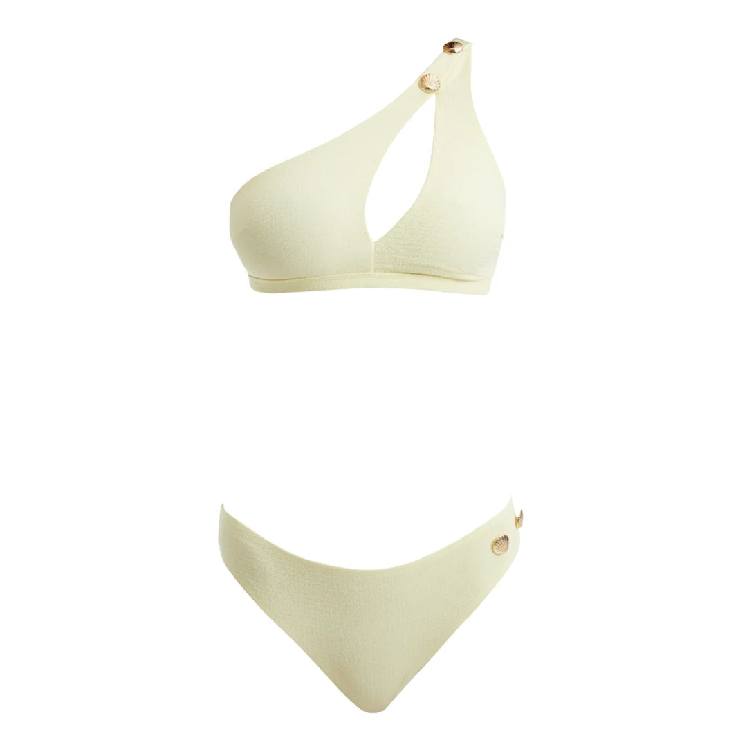 Eyre Yellow One Shoulder Mid Coverage Textured Bikini Set | Moeva | Bikini Set | Each week unveils new pieces—luxury swimwear, fluid resort silhouettes, and elevated summer-to-evening essentials designed to carry you from coastal escapes to city nights.