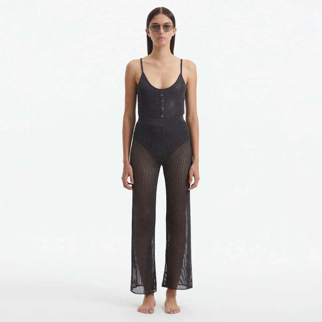 Luz Silver Metallic Sheer Knit Pants | Moeva | Pants | Each week unveils new pieces—luxury swimwear, fluid resort silhouettes, and elevated summer-to-evening essentials designed to carry you from coastal escapes to city nights.