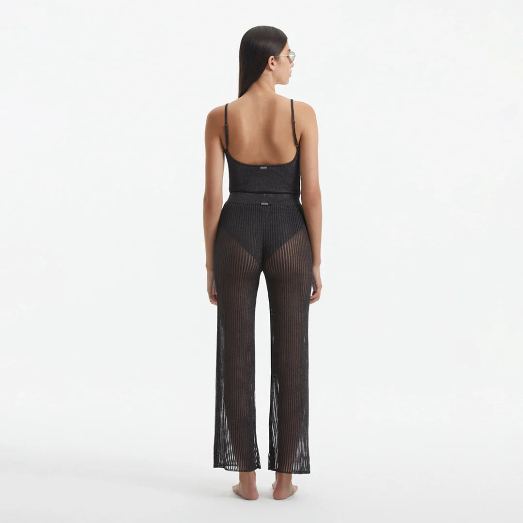 Luz Silver Metallic Sheer Knit Pants | Moeva | Pants | Each week unveils new pieces—luxury swimwear, fluid resort silhouettes, and elevated summer-to-evening essentials designed to carry you from coastal escapes to city nights.