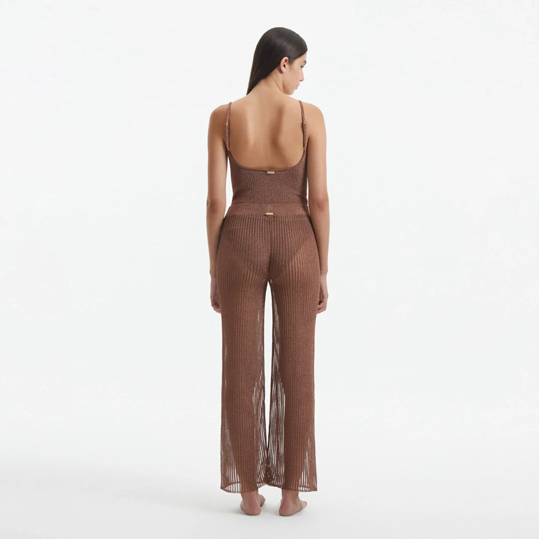 Luz Brown Metallic Sheer Knit Pants | Moeva | Pants | Each week unveils new pieces—luxury swimwear, fluid resort silhouettes, and elevated summer-to-evening essentials designed to carry you from coastal escapes to city nights.