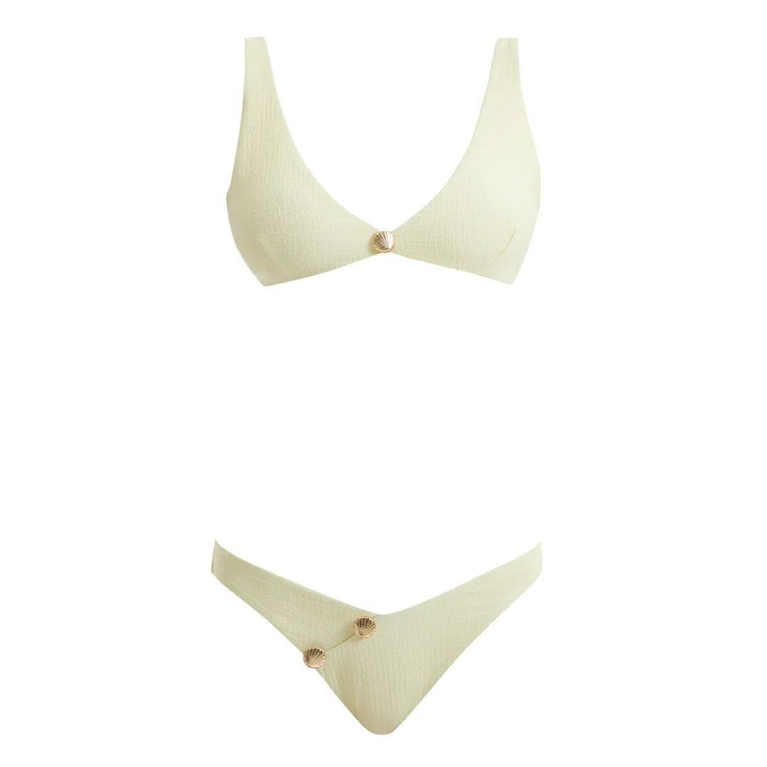 Aeron Yellow V Neck Textured Mid Coverage Bikini Set | Moeva | Bikini Set | Each week unveils new pieces—luxury swimwear, fluid resort silhouettes, and elevated summer-to-evening essentials designed to carry you from coastal escapes to city nights.