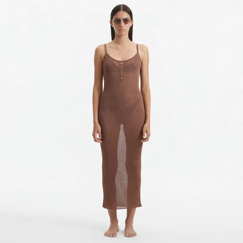 Lulusar Brown Metallic Knitted Maxi Dress | Moeva | Dress | Each week unveils new pieces—luxury swimwear, fluid resort silhouettes, and elevated summer-to-evening essentials designed to carry you from coastal escapes to city nights.