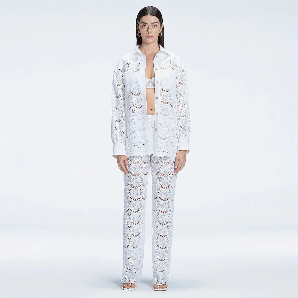 Nola White Crochet Shirt & Elysia White Crochet High-Waist Pants Set | Moeva | Set | Each week unveils new pieces—luxury swimwear, fluid resort silhouettes, and elevated summer-to-evening essentials designed to carry you from coastal escapes to city nights.