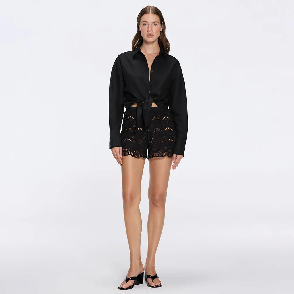 Ophelia Black Crochet Detail High-Waist Shorts | Moeva | Shorts | Each week unveils new pieces—luxury swimwear, fluid resort silhouettes, and elevated summer-to-evening essentials designed to carry you from coastal escapes to city nights.