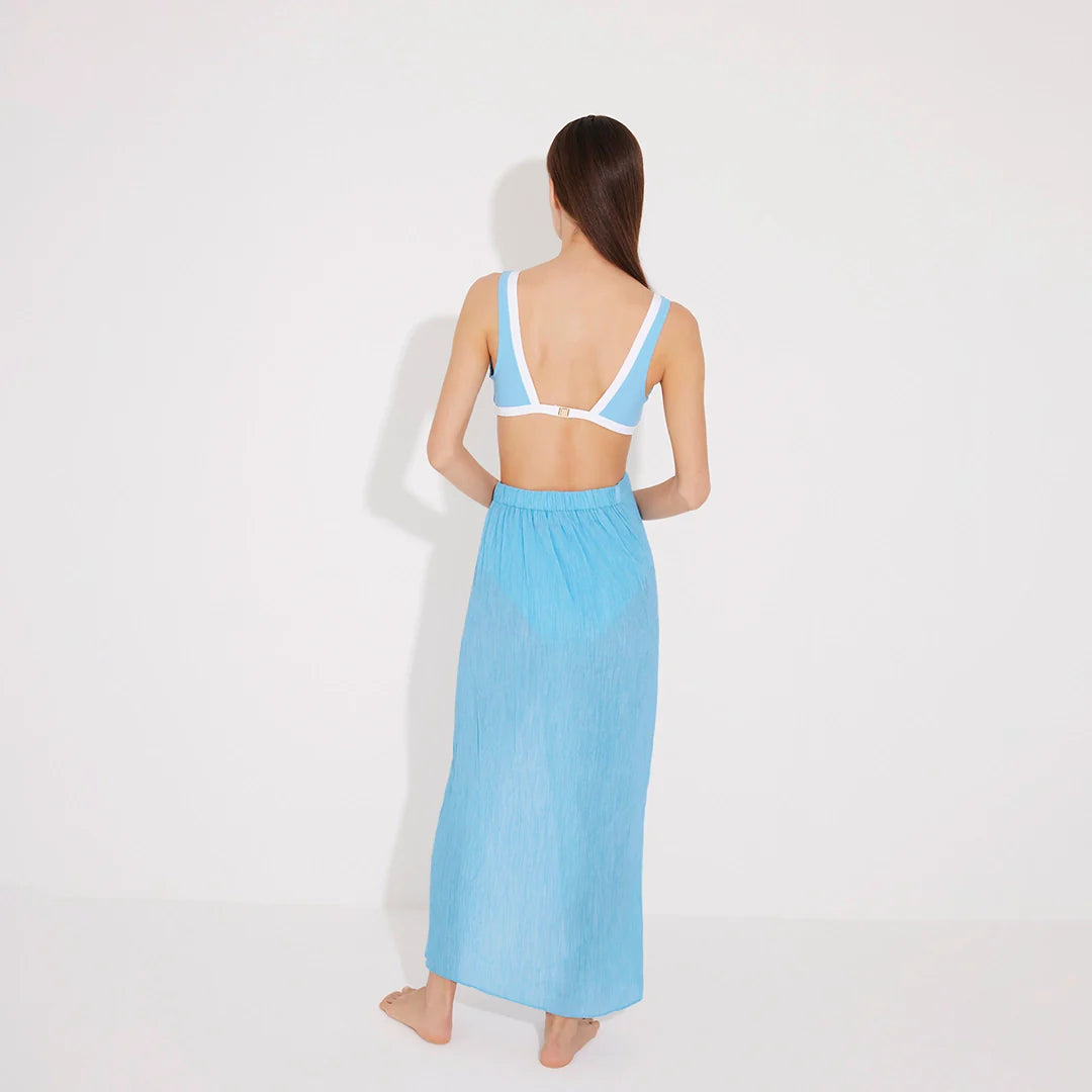 Pina Blue/White Asymmetric Gold Button Maxi Skirt | Moeva | Skirt | Each week unveils new pieces—luxury swimwear, fluid resort silhouettes, and elevated summer-to-evening essentials designed to carry you from coastal escapes to city nights.