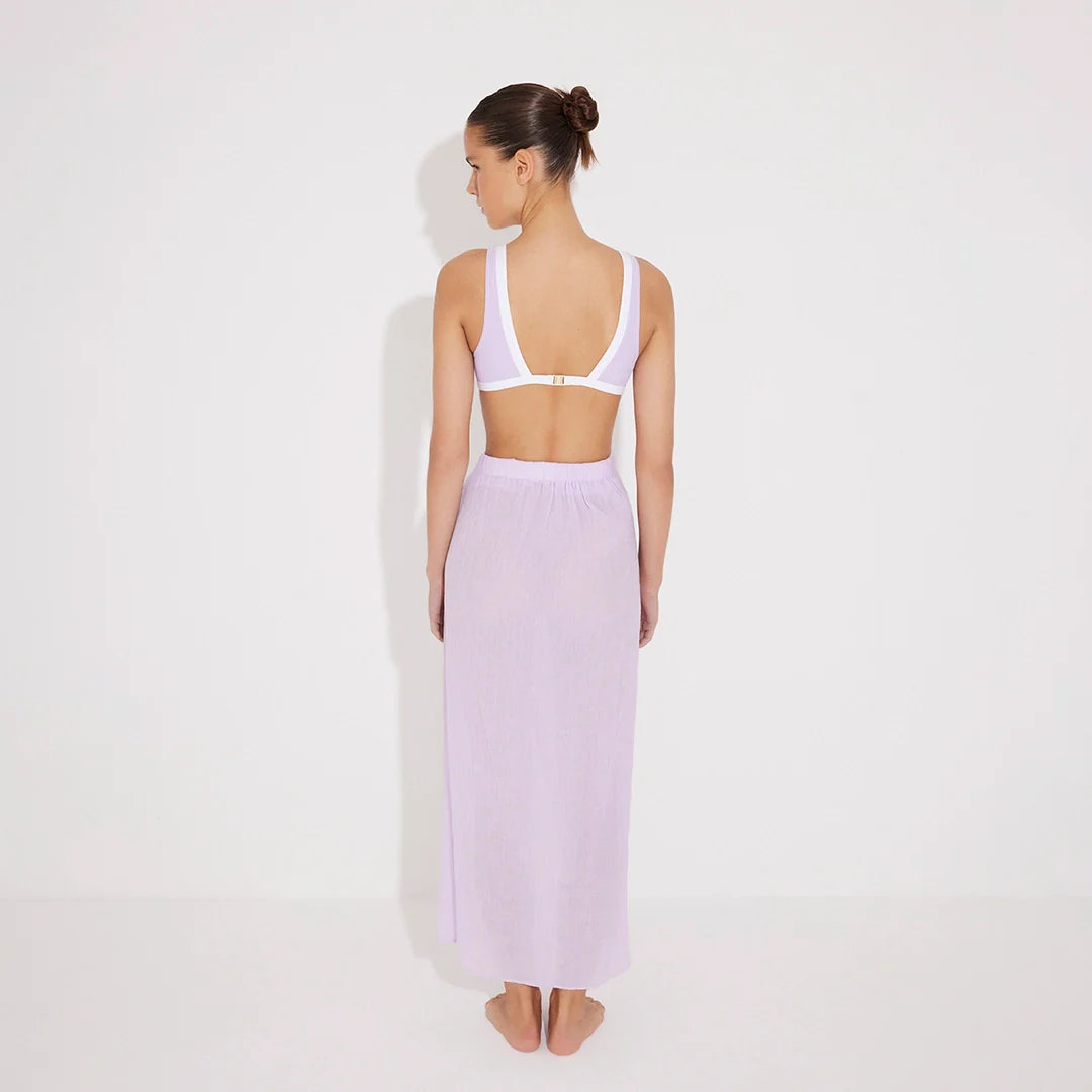 Pina Lilac/White Asymmetric Gold Button Maxi Skirt | Moeva | Skirt | Each week unveils new pieces—luxury swimwear, fluid resort silhouettes, and elevated summer-to-evening essentials designed to carry you from coastal escapes to city nights.