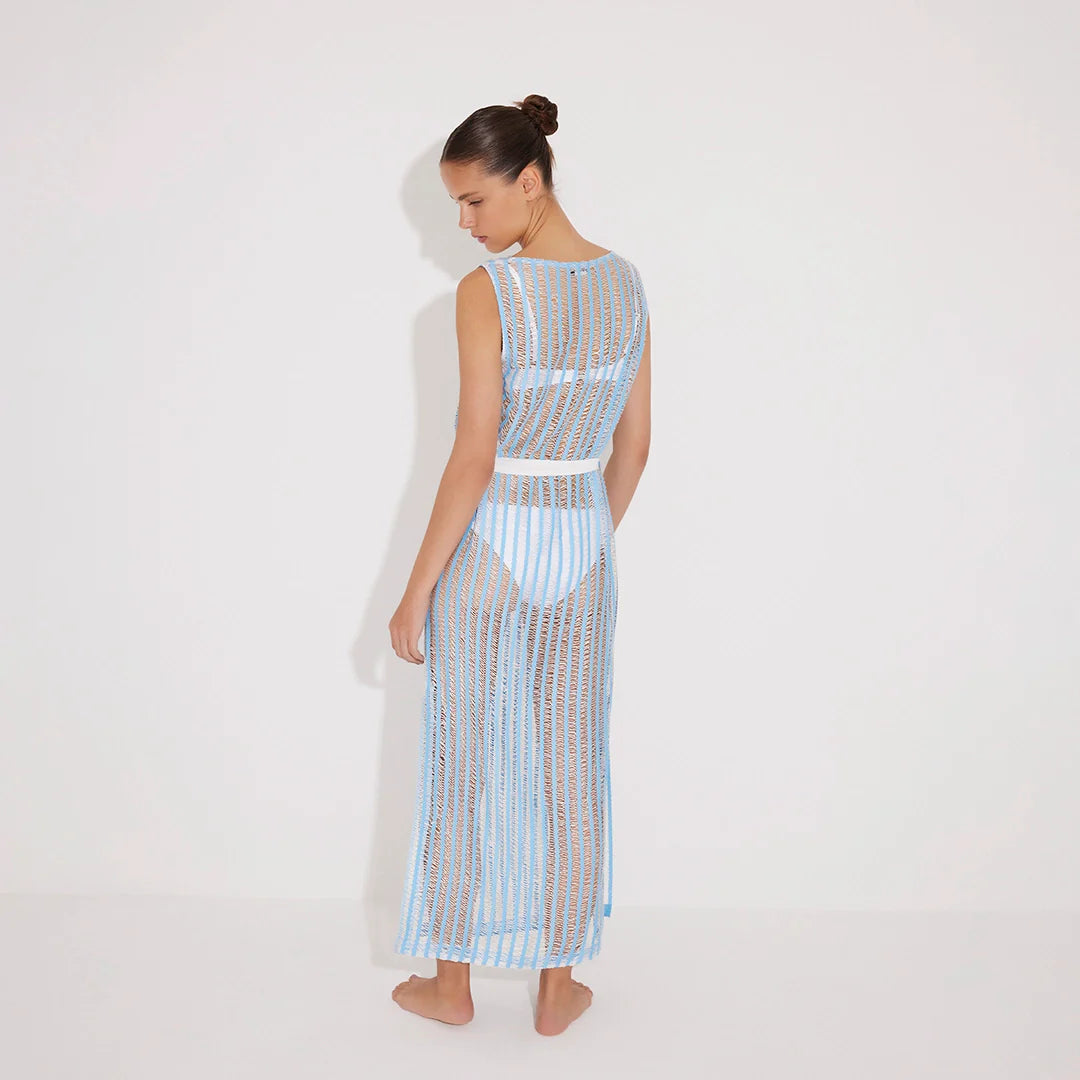 Roma Blue/White Knit Belted Maxi Dress | Moeva | Dress | Each week unveils new pieces—luxury swimwear, fluid resort silhouettes, and elevated summer-to-evening essentials designed to carry you from coastal escapes to city nights.