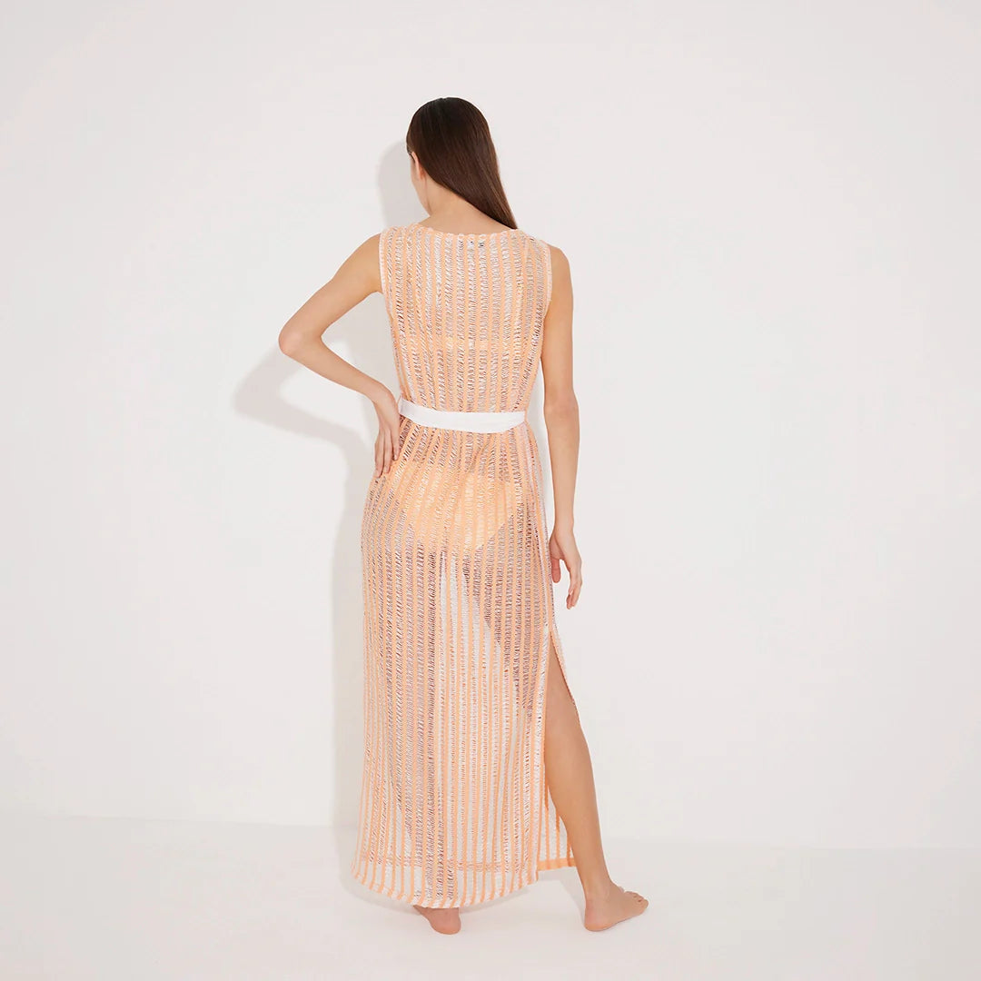 Roma Orange/White Knit Belted Maxi Dress | Moeva | Dress | Each week unveils new pieces—luxury swimwear, fluid resort silhouettes, and elevated summer-to-evening essentials designed to carry you from coastal escapes to city nights.
