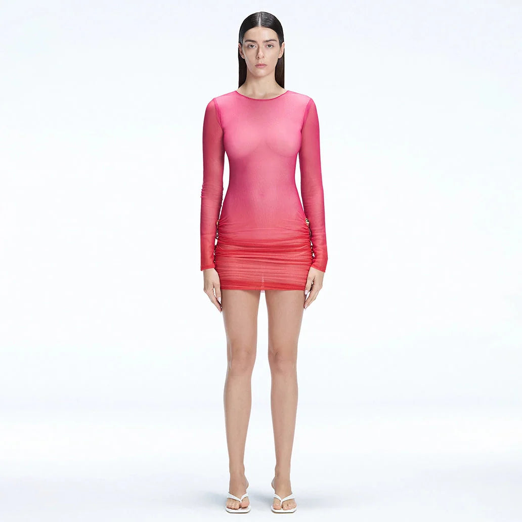 Sylvie Pink Optical Long Sleeve Mini Dress | Moeva | Dress | Each week unveils new pieces—luxury swimwear, fluid resort silhouettes, and elevated summer-to-evening essentials designed to carry you from coastal escapes to city nights.
