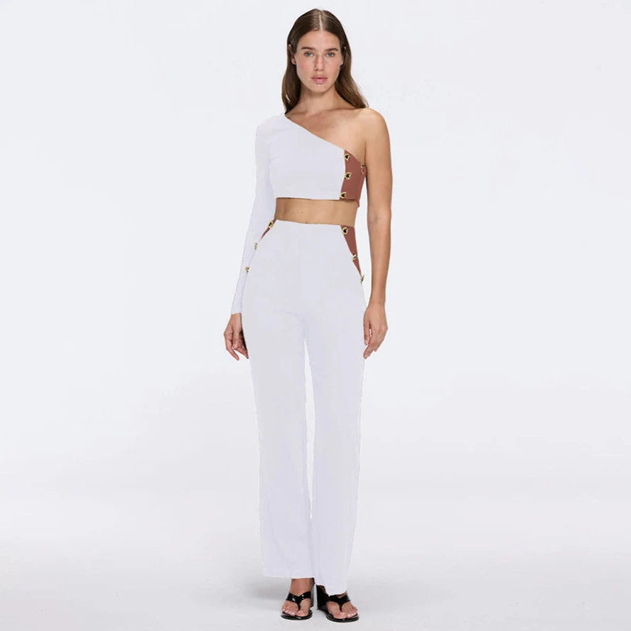 Villamar One-Shoulder Crop Top And Evangeline High Waist White-Brown Pants Set | Moeva | Set | Each week unveils new pieces—luxury swimwear, fluid resort silhouettes, and elevated summer-to-evening essentials designed to carry you from coastal escapes to city nights.
