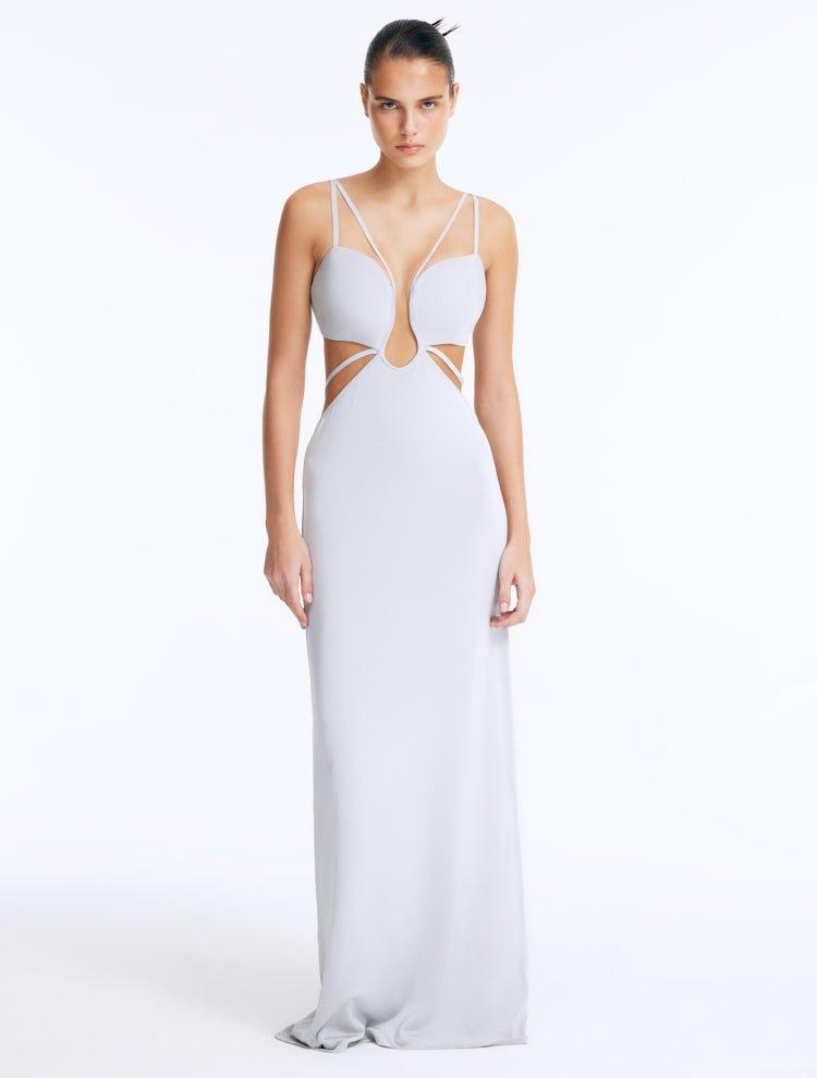 Catarina Lovchikova - Calla Silver Knitted U-Wire Maxi Dress with Cut-Outs | Moeva | Dress | Each week unveils new pieces—luxury swimwear, fluid resort silhouettes, and elevated summer-to-evening essentials designed to carry you from coastal escapes to city nights.