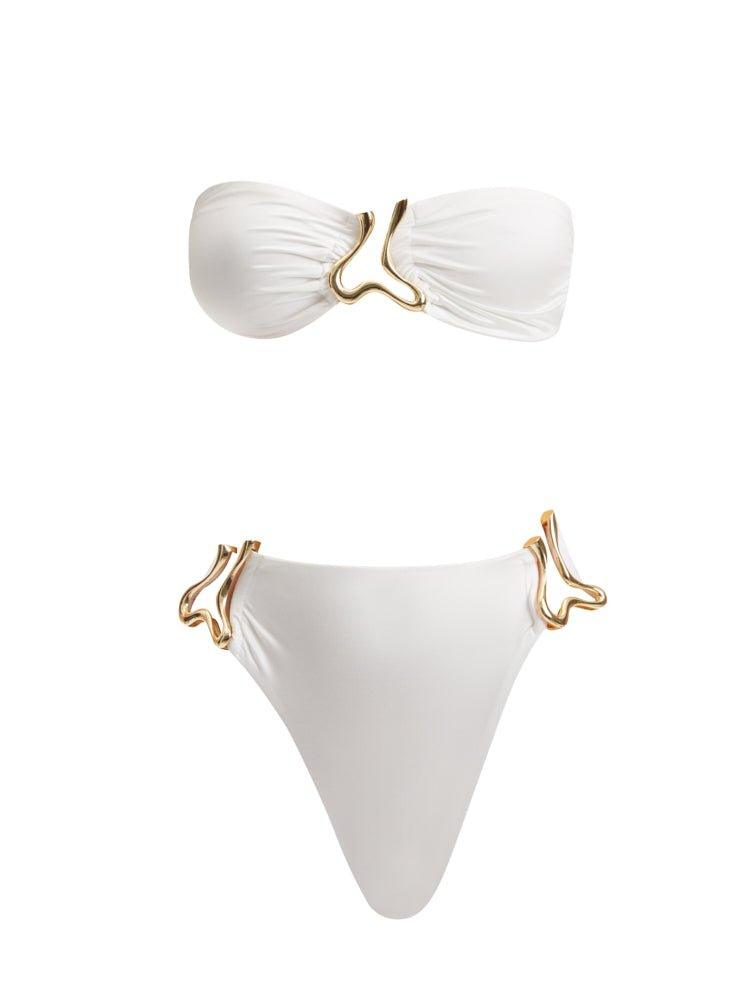 Clyde White Bandeau High Waist Satin Bikini Set | Moeva | Bikini Set | Each week unveils new pieces—luxury swimwear, fluid resort silhouettes, and elevated summer-to-evening essentials designed to carry you from coastal escapes to city nights.