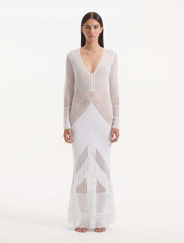 Burcu Esmersoy - Elba White Long Sleeve Knit Fringe Maxi Dress | Moeva | Dress | Each week unveils new pieces—luxury swimwear, fluid resort silhouettes, and elevated summer-to-evening essentials designed to carry you from coastal escapes to city nights.