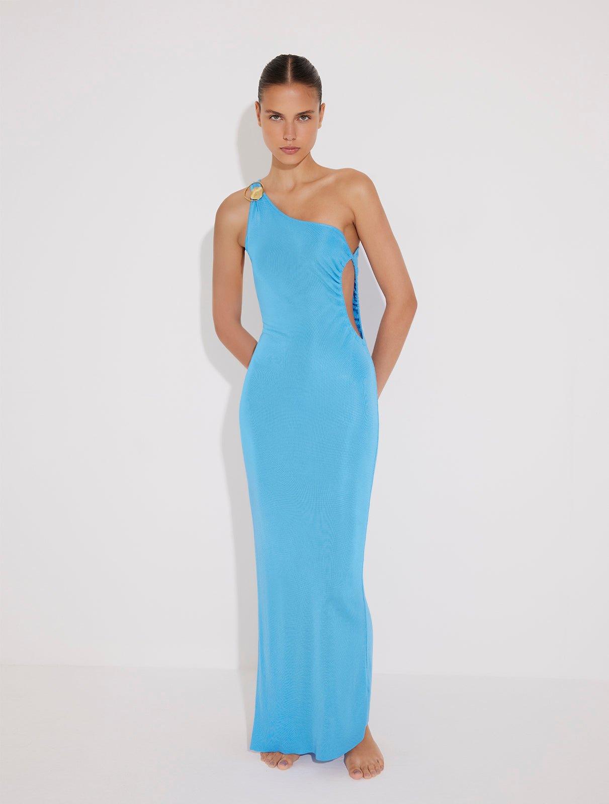 Gamze Erçel - Fewa Blue One-Shoulder Knitted Maxi Dress with Side Cut-Out Detail | Moeva | Dress | Each week unveils new pieces—luxury swimwear, fluid resort silhouettes, and elevated summer-to-evening essentials designed to carry you from coastal escapes to city nights.