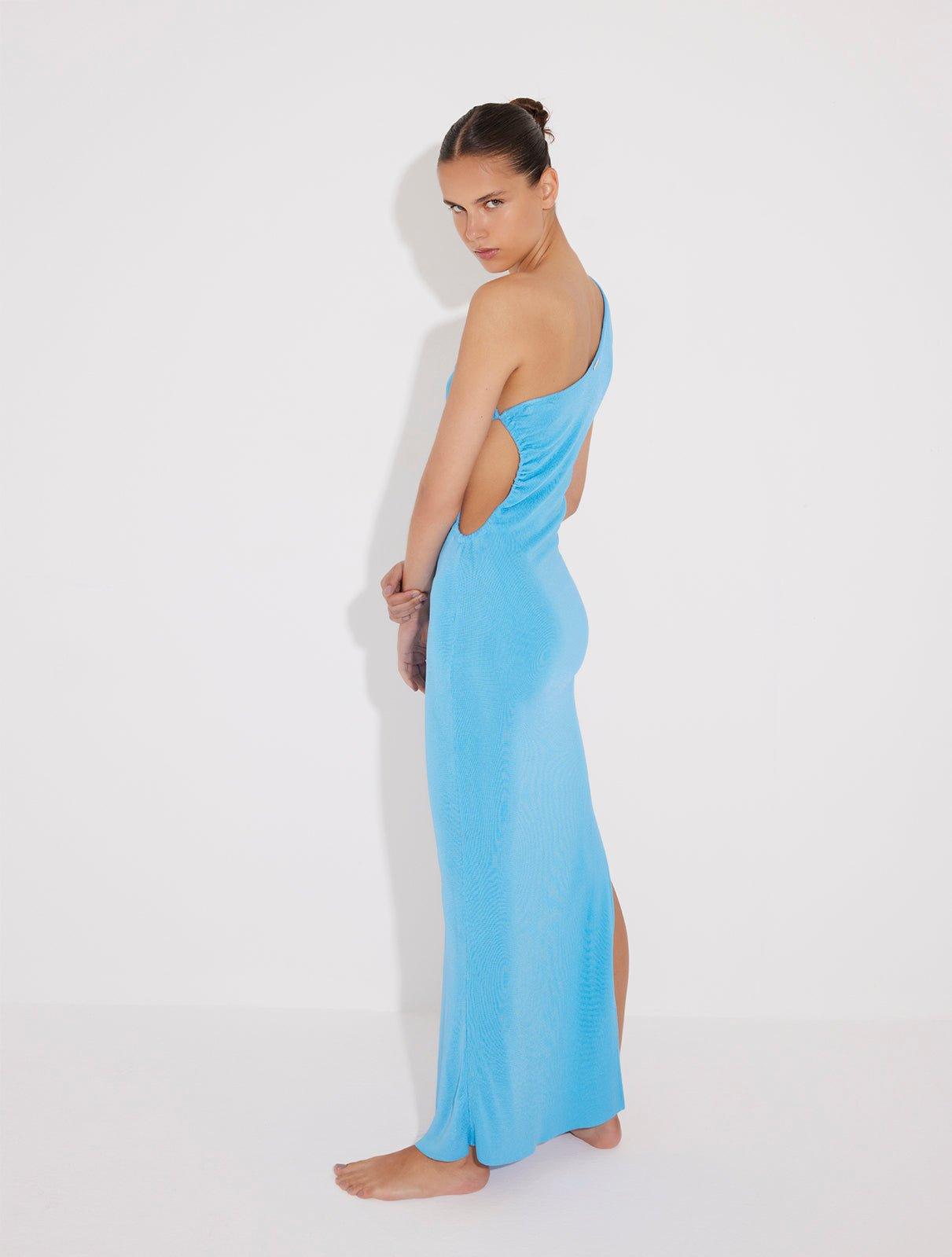 Gamze Erçel - Fewa Blue One-Shoulder Knitted Maxi Dress with Side Cut-Out Detail | Moeva | Dress | Each week unveils new pieces—luxury swimwear, fluid resort silhouettes, and elevated summer-to-evening essentials designed to carry you from coastal escapes to city nights.