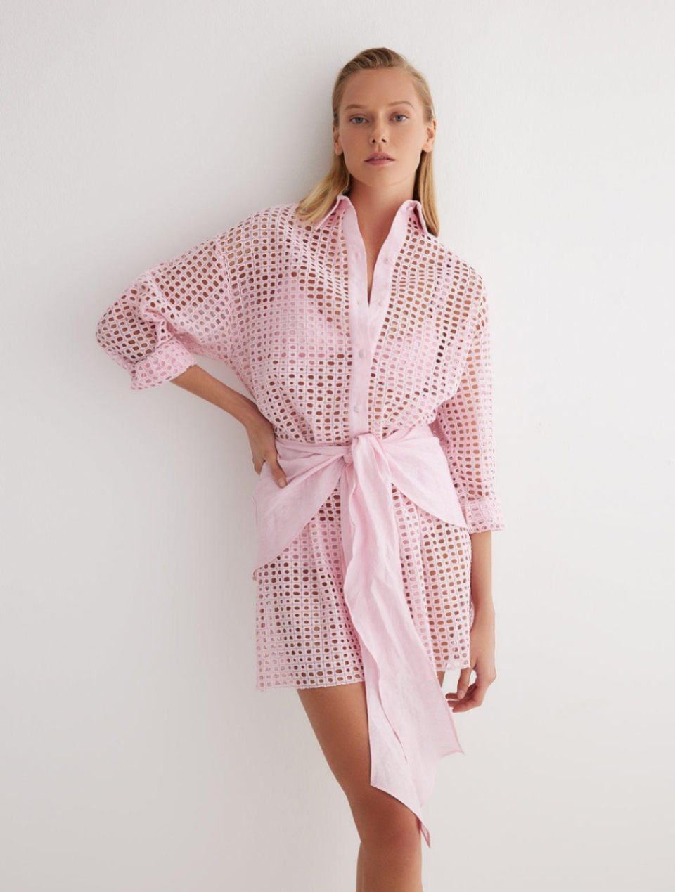 Jesabel Pink Eyelet Shirt Dress with Tie-Front Detail | Moeva | Dress | Each week unveils new pieces—luxury swimwear, fluid resort silhouettes, and elevated summer-to-evening essentials designed to carry you from coastal escapes to city nights.