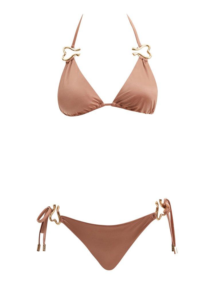 Rhea Brown Triangle Side Tie Satin Bikini Set | Moeva | Bikini Set | Each week unveils new pieces—luxury swimwear, fluid resort silhouettes, and elevated summer-to-evening essentials designed to carry you from coastal escapes to city nights.
