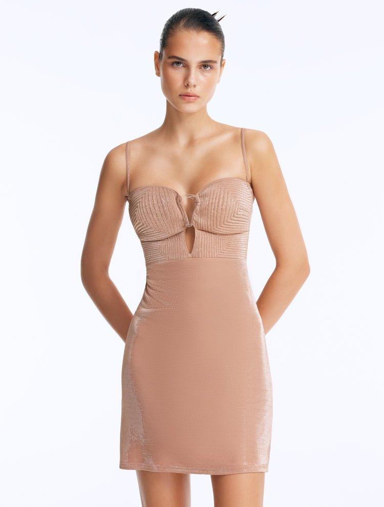 Senna Bronze Cut-Out Mini Dress with Accessory Detail | Moeva | Dress | Each week unveils new pieces—luxury swimwear, fluid resort silhouettes, and elevated summer-to-evening essentials designed to carry you from coastal escapes to city nights.