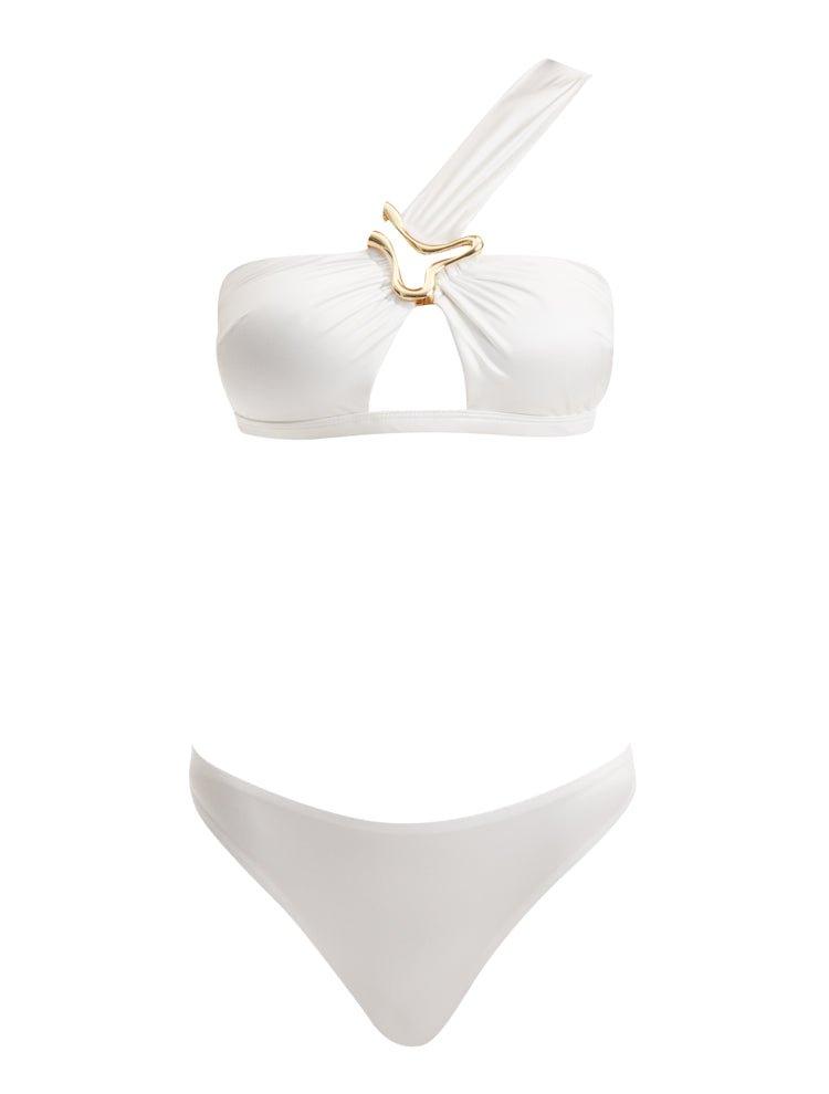 Sereia White One Shoulder Mid Coverage Satin Bikini Set | Moeva | Bikini Set | Each week unveils new pieces—luxury swimwear, fluid resort silhouettes, and elevated summer-to-evening essentials designed to carry you from coastal escapes to city nights.